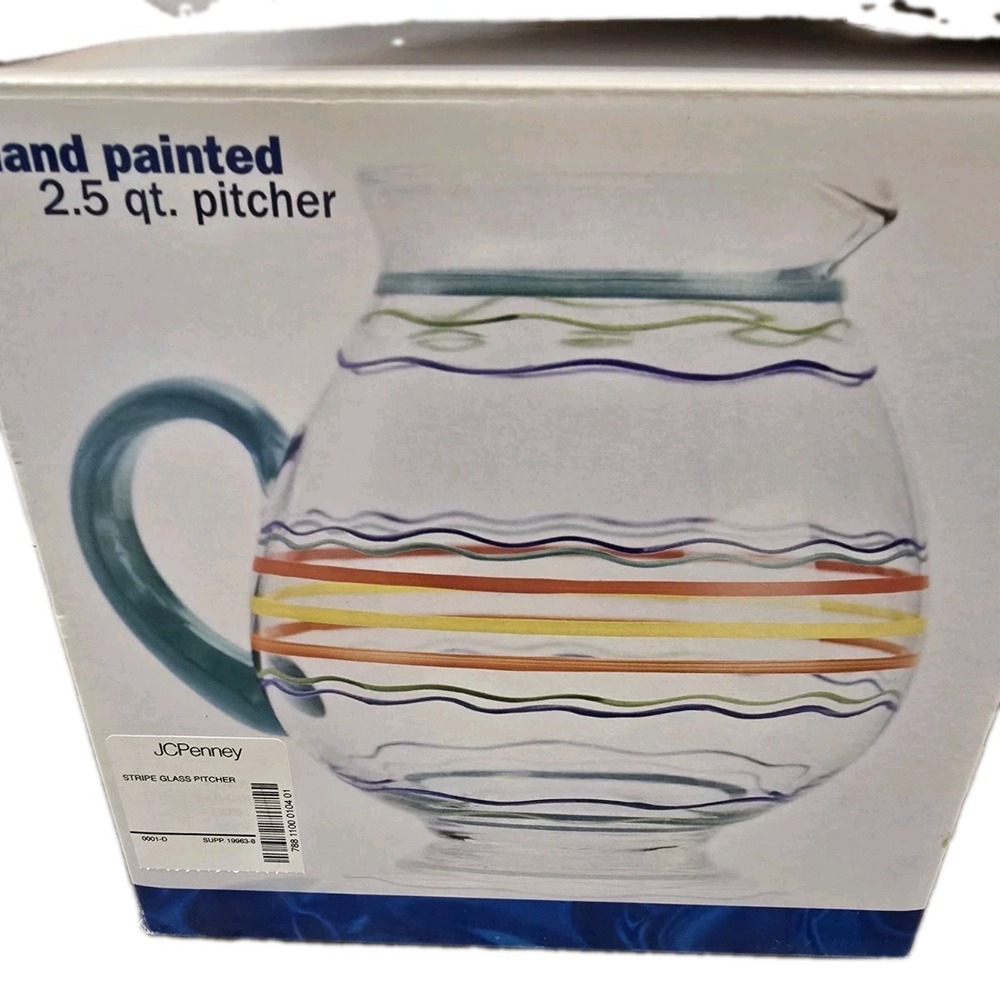 Vintage 2002 Hand Painted Striped 2.5 QT Glass Pitcher, JC Pennys